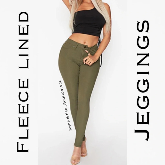Olive green fleece lined Jeggings - Picture 6 of 10